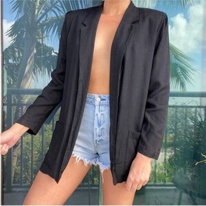Black Linen Open Front Blazer Jacket S